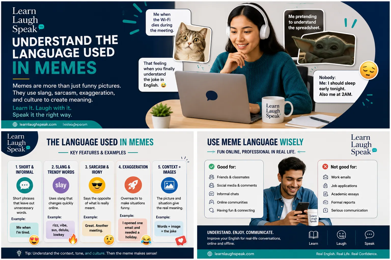 Adult English learner studying the language used in Memes, including slang, sarcasm, POV, relatable phrases, and informal English online.