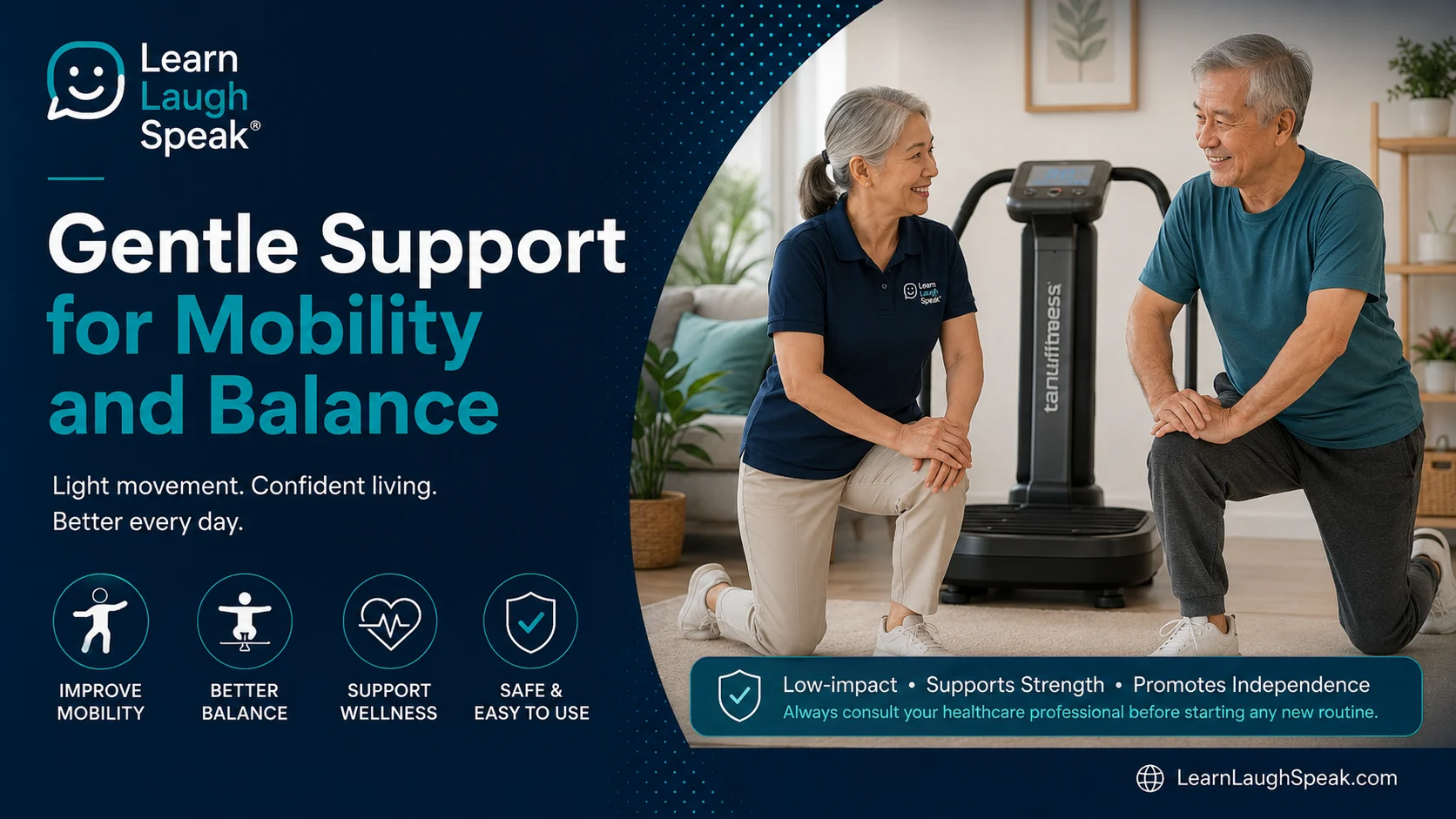 Senior adult using a vibration therapy platform safely for mobility, flexibility, circulation, and low-impact wellness support.