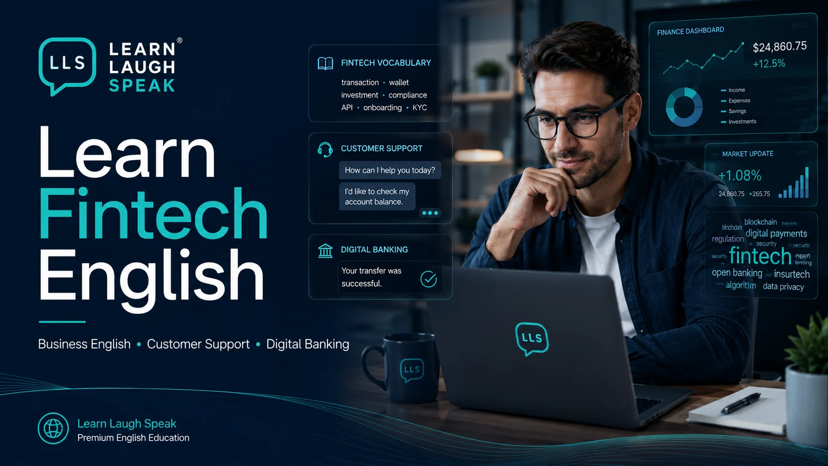 Learn Laugh Speak branded image helping adults learn fintech vocabulary for business English, customer support, digital banking, and modern finance.