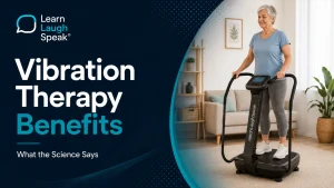 Learn Laugh Speak branded wellness image helping adults understand vibration therapy benefits through clear English reading practice.