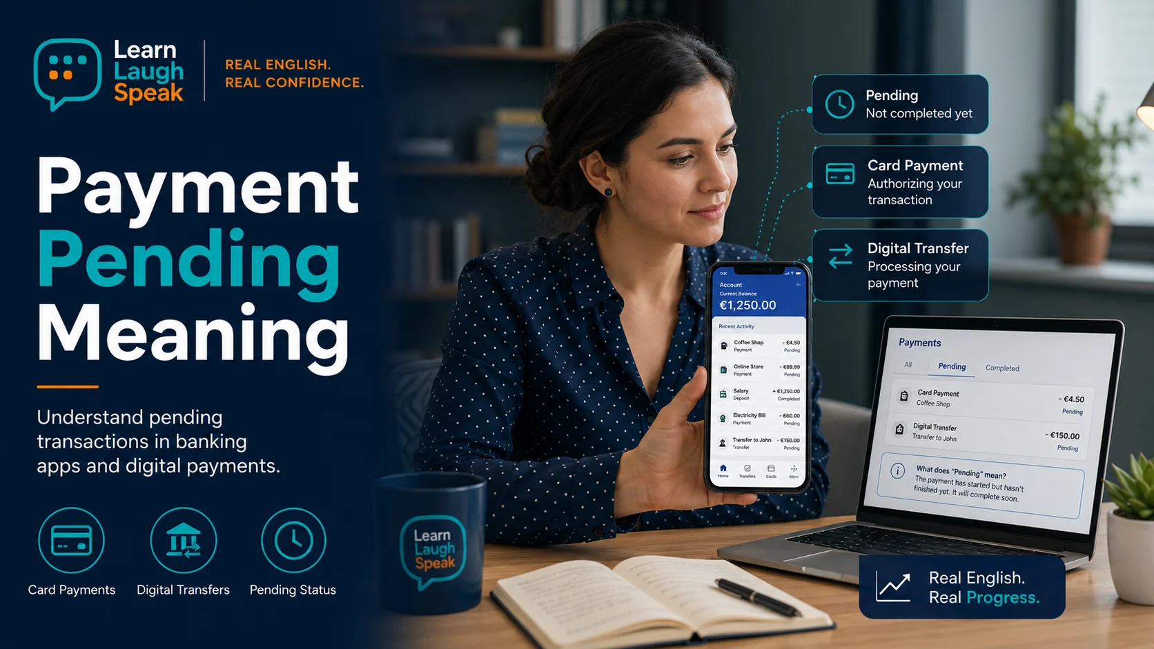 Adult English learner studying payment pending meaning in a banking app with examples for pending transactions, card payments, and digital transfers.