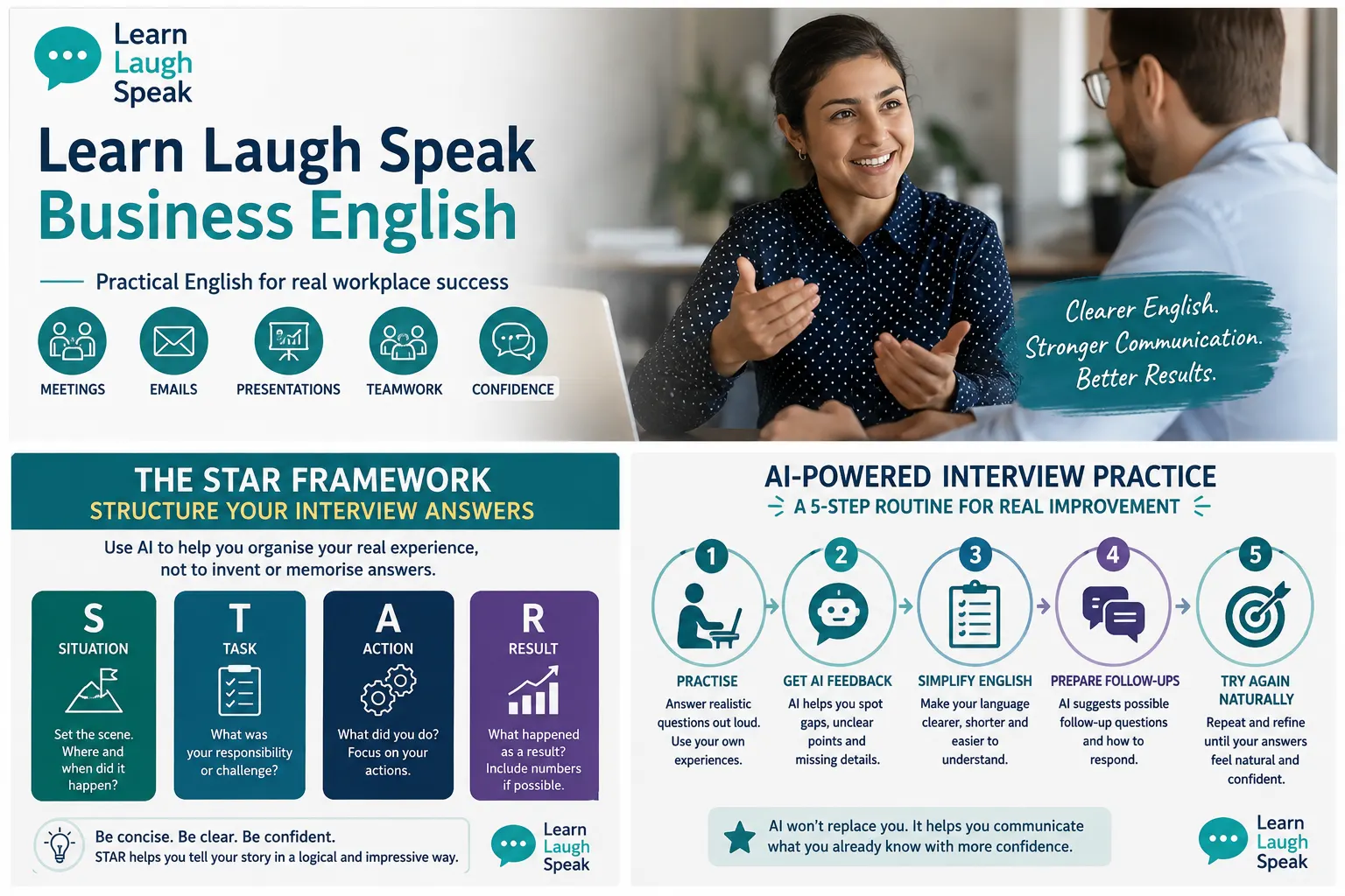 Learn Laugh Speak business English for workplace communication, interview preparation and professional confidence