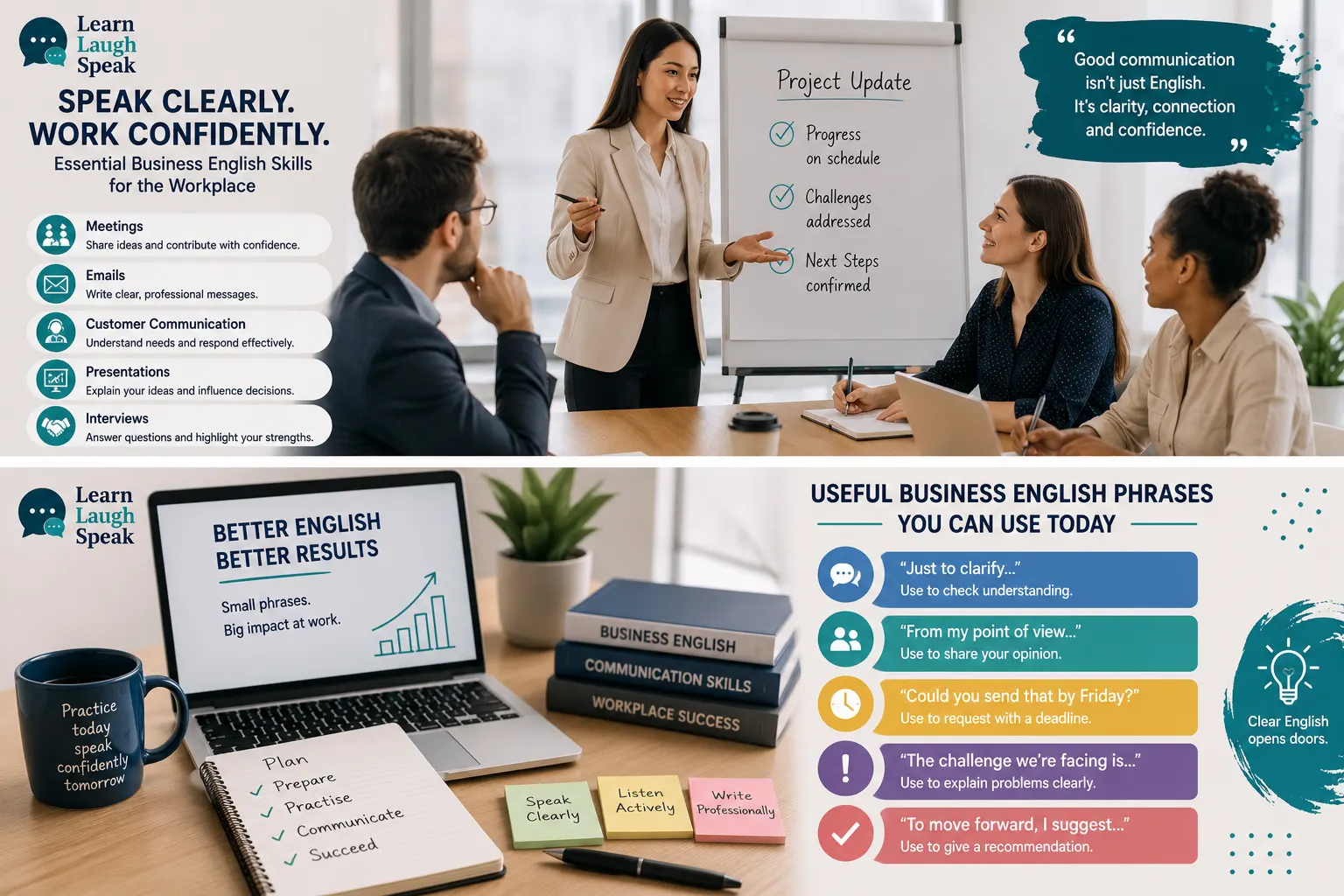 Learn Laugh Speak business English examples for workplace conversations, clear updates and professional communication