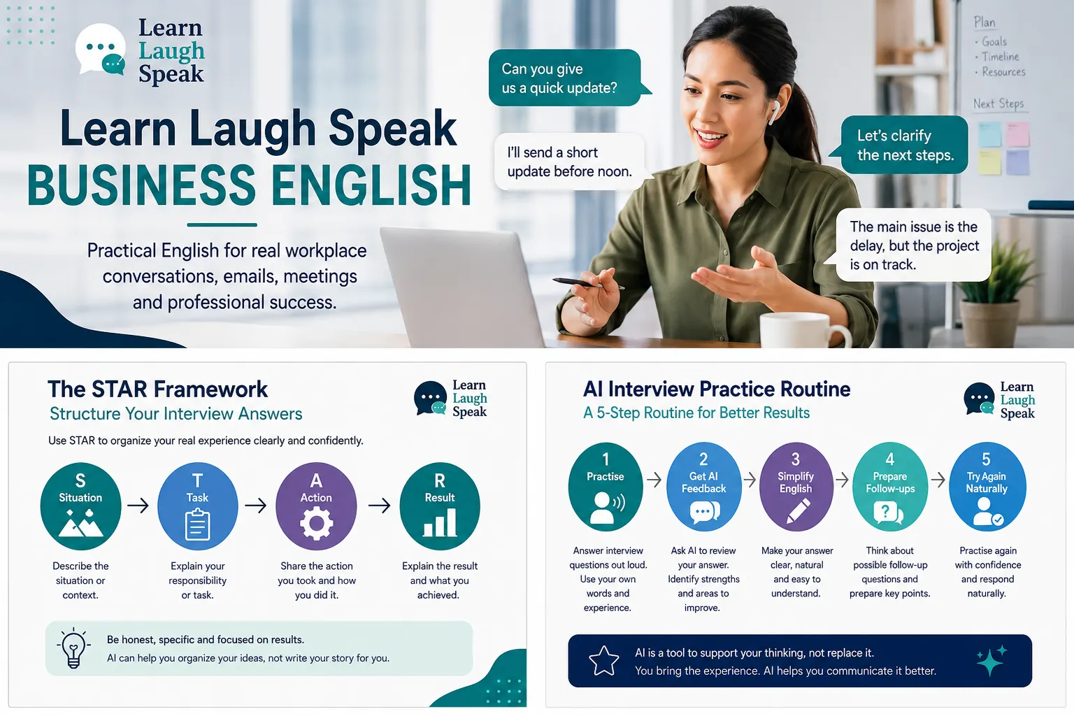 Learn Laugh Speak business English workplace skills and useful phrases for meetings, emails and professional communication