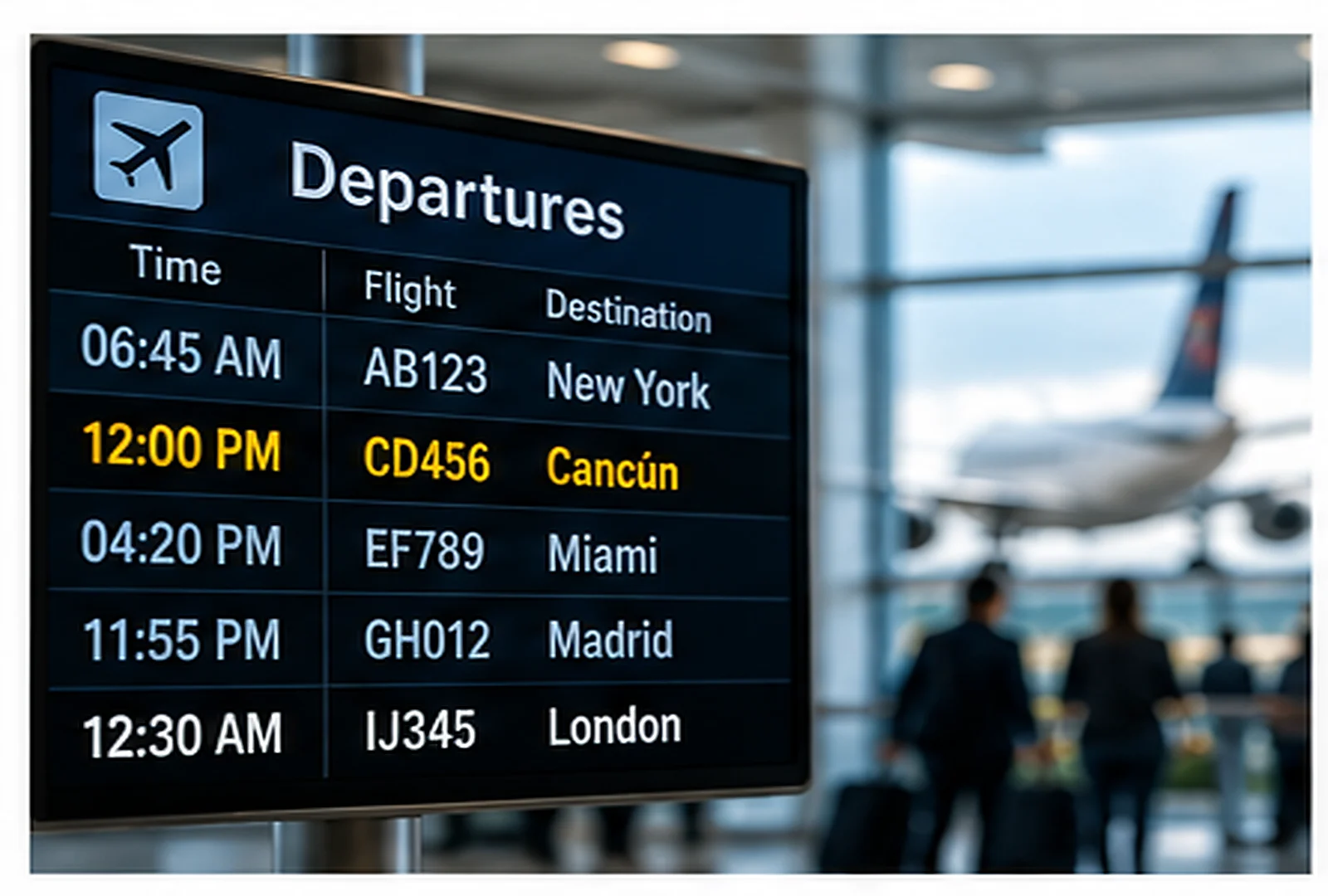 Flight departure times with AM and PM examples at an airport