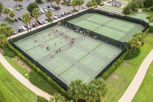Outdoor pickleball courts showing nets, baselines and service areas