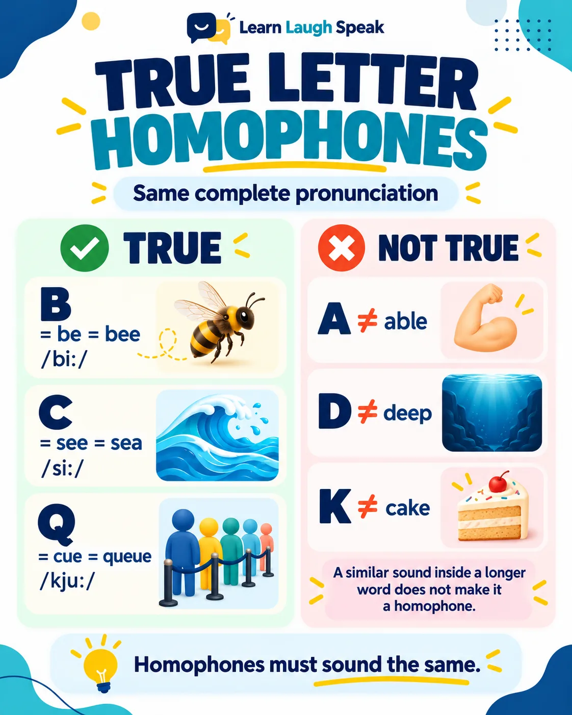 Examples showing true English homophones compared with words that only contain a similar sound
