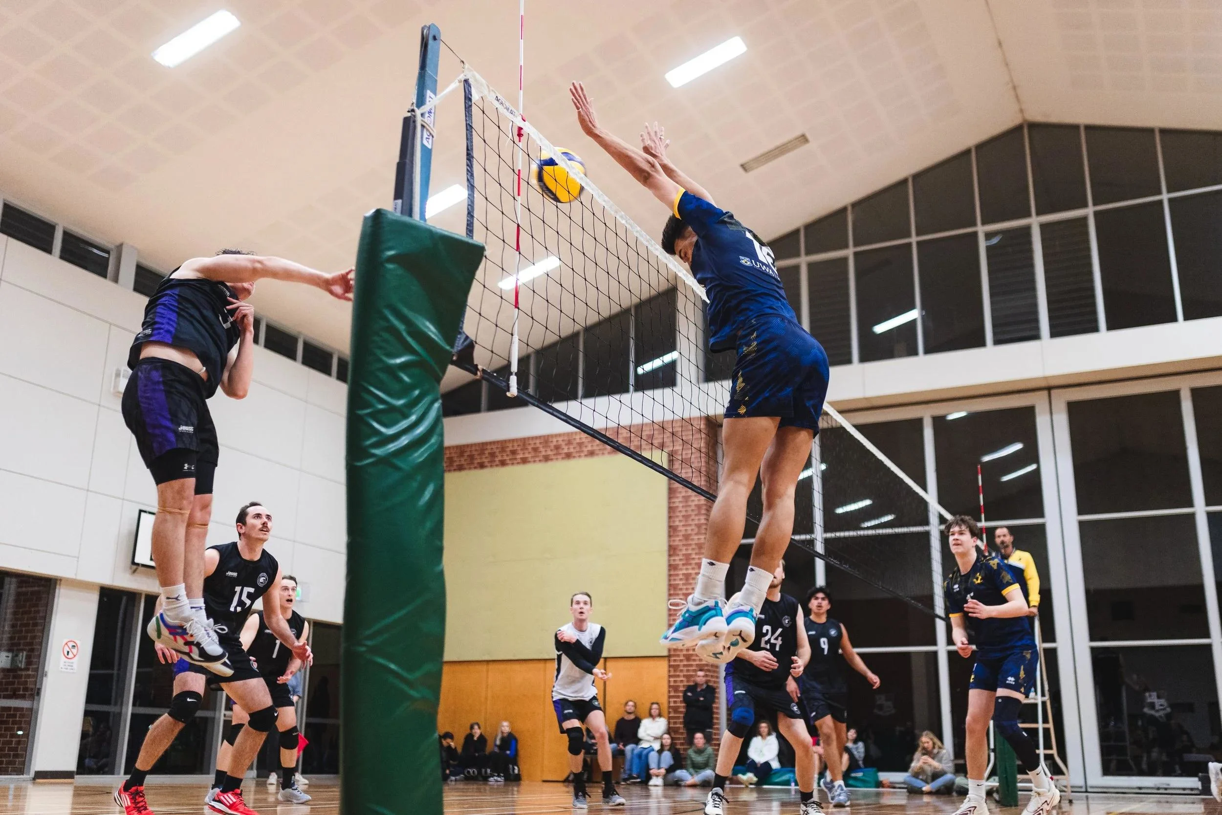 Volleyball players competing at the net during an indoor match